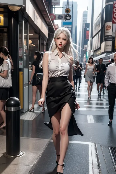 ( woman walking down the streets of New York )、 Photorealistic 、 high definition 、 1 woman、solo、 Hip Up、 beautiful eyes、Close your lips、 detailed face 、White Hair、 long hair、 collared shirt 、 black tie、( Black Long Skirt、 slit )、 pencil skirt、 black stocki...