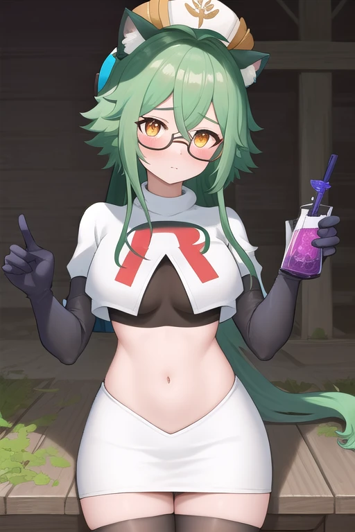 best quality, masterpiece, highres, solo, {sucrose_genshin:1.15}, green_hair, animal_ears, glasses, semi-rimless_eyewear, hat, bangs, vision_(genshin_impact), blush, multicolored_hair, long_hair, hair_between_eyes, cat_ears, orange_eyes, breasts, yellow_ey...