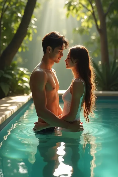 A beautiful girl stand in a pool with her boy friend 