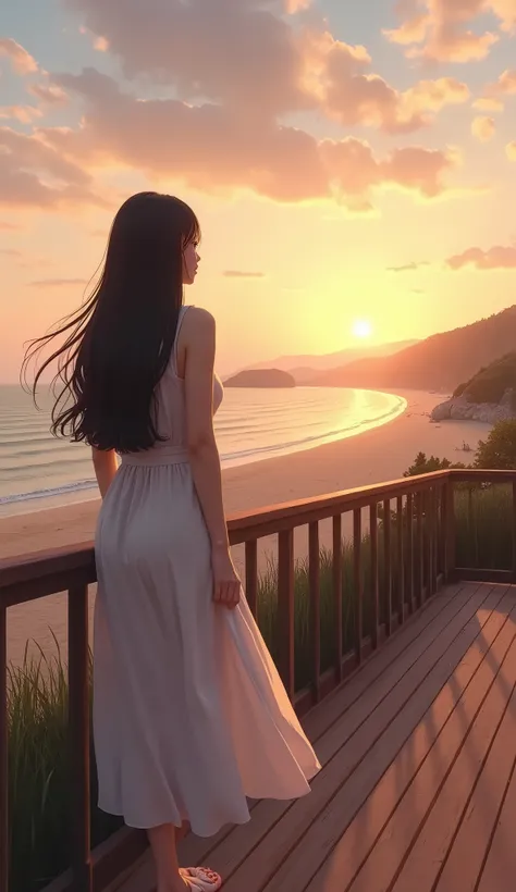  taken from the viewpoint of a wide-angle lens 、On a modern terrace on a Japanese coast、 A 20-year-old Japanese woman standing while leaning against a wooden handrail 。She is tall、 Big Breasts 、 chubby、Long black hair flows down her back。 is wearing a ligh...