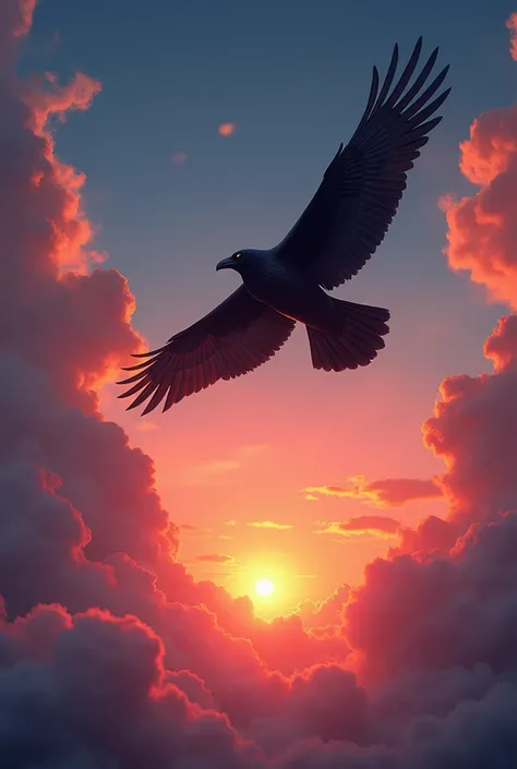 Sunset with blue skies and red clouds with flying raven 