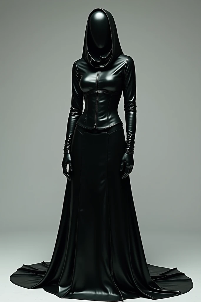 a woman full face leather covered, no eye, wearing modern dress and long hijab, posing, hand gloved, corset, full length photo