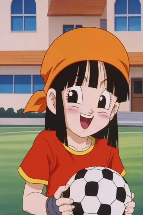 source_anime, score_9, score_8_up, score_7_up, anime screencap, 
pangt, 1girl, happy, bangs, blushing, grass, black hair, field, sunset, soccer, collarbone, whole body, teeth, blunt bangs, outdoors, black eyes, eyelashes, close-up, bandana, retro artstyle,...