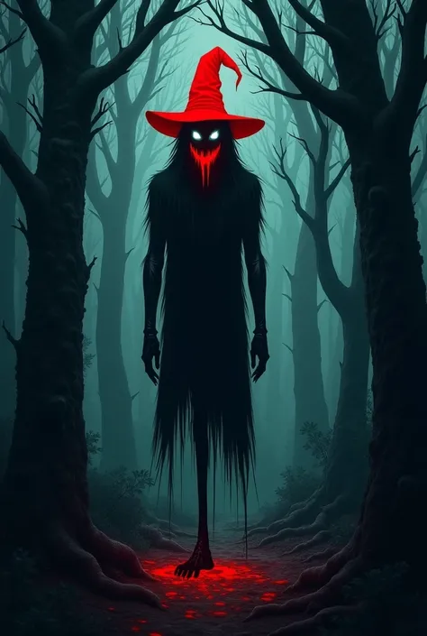  A dark forest at night  ,  with creepy shadows and twisted trees. in the center, a mischievous figure ,  Saci Pererê black man with one leg ,  wearing a bright red hat ,  with eyes filled with blood ,  embodying souls and danger 