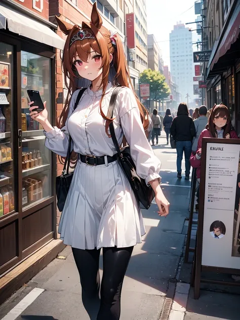 (​masterpiece, top-quality, hight resolution, Unity 8k, extremely details CG:1, Best Picture), Daiwa Scarlet (Uma Musume), (((tiara))), brown hair, red eyes, long hair, twintails, (horse ears, horse girl), A candid photograph of a beautiful young woman in ...