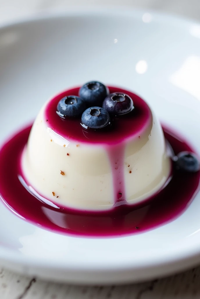 a panacota with blueberry coulis on a white plate