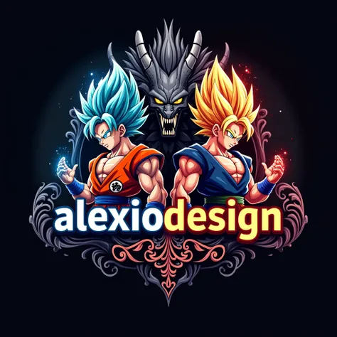  Logo written in Spanish that says ALEXIODESIGN ,  personalized letters and ornaments  , Above the letters add to GOKU and VEGETA converted into super Sayayin,  behind the logo a huge dragon called SHENGLONG ,  black background The best quality ,  tall det...