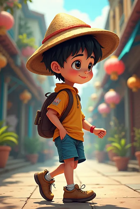 Create me a picture of Filipino wearing a Filipino hat thinking while walking make it cartoonist make it more animeish and realistic at the same time
