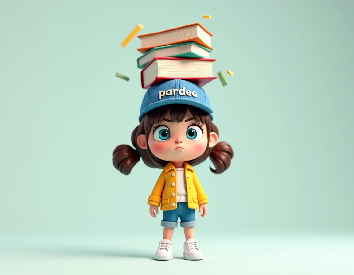 create a 3D cartoon, Chibi style, a cute girl with chocolate brown hair wearing a denim blue baseball cap, embroidery text "Pardee" on cap. He has large aquamarine eyes and is dressed in a yellow jacket, blue short denim, white sneakers. A young girl balan...