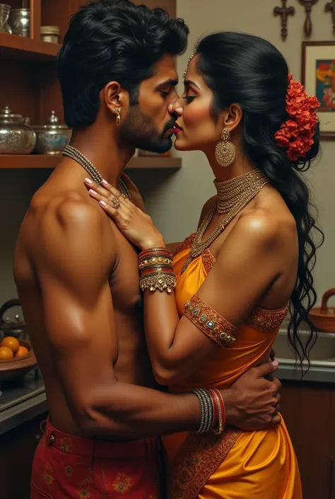 South Indian beauty,55 years,in extremely revealing cloths n jewellery having an intimate kiss with her husband,25 years in kitchen 