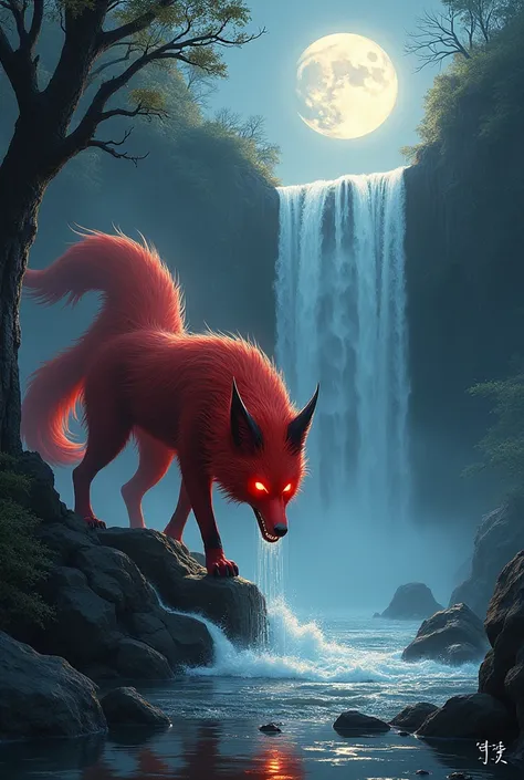 Demon fox drink falling water under the moonlight