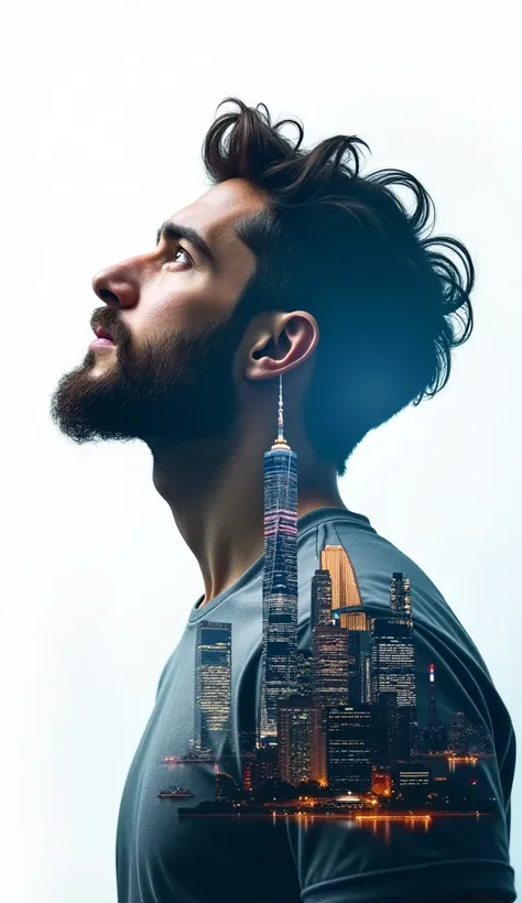 "A creative double exposure art of a young man with a beard, side profile, looking upward, blended seamlessly with a cityscape of modern skyscrapers and towers. The city elements appear to emerge from the mans silhouette, with a detailed and vibrant urban ...