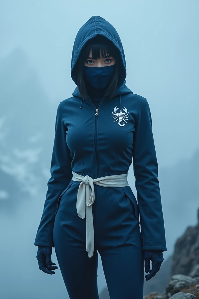 Japanese woman, Young woman, Fine and beautiful face, short hair, straight hair, black hair, green eyes, covers his face with a dark blue ninja mask , firm and huge breasts, shapely legs, Athletic body, dressed in a dark blue apocalyptic nonja uniform with...