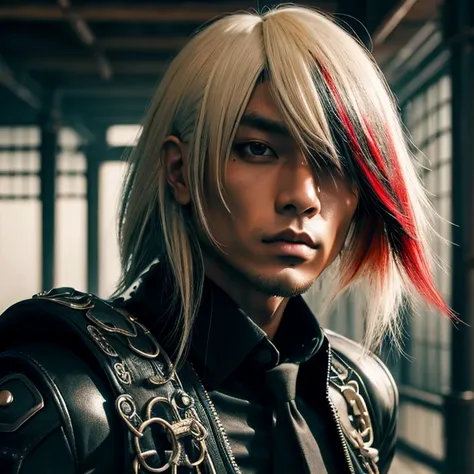 1 man, Japanese man, 30 years old, hairstyle Visual Kei, hair color blonde, muscular, broad shoulders, ultra detailed face and eyes, Asian eyes, pretty face, realistic representation, outfit gothic-cyberpunk, black mens shirt and black pants, long hair, ha...