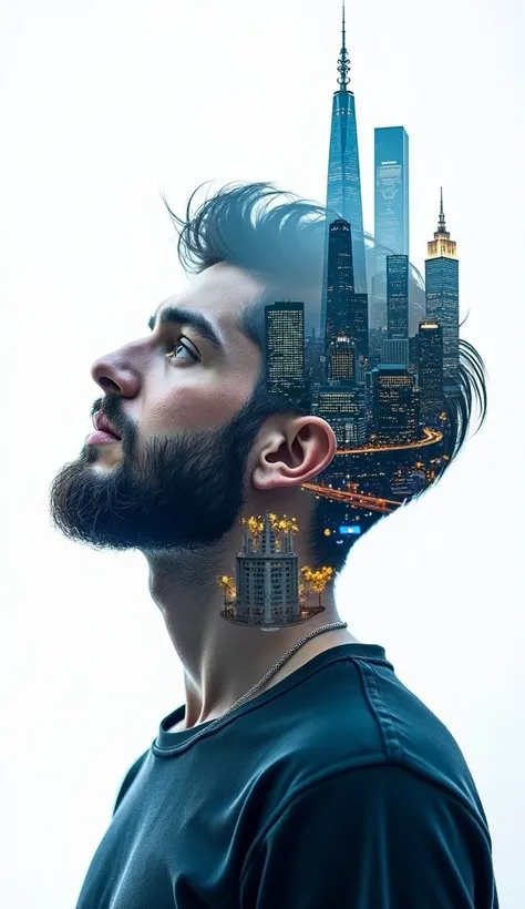 "A creative double exposure art of a young man with a beard, side profile, looking upward, blended seamlessly with a cityscape of modern skyscrapers and towers. The city elements appear to emerge from the mans silhouette, with a detailed and vibrant urban ...