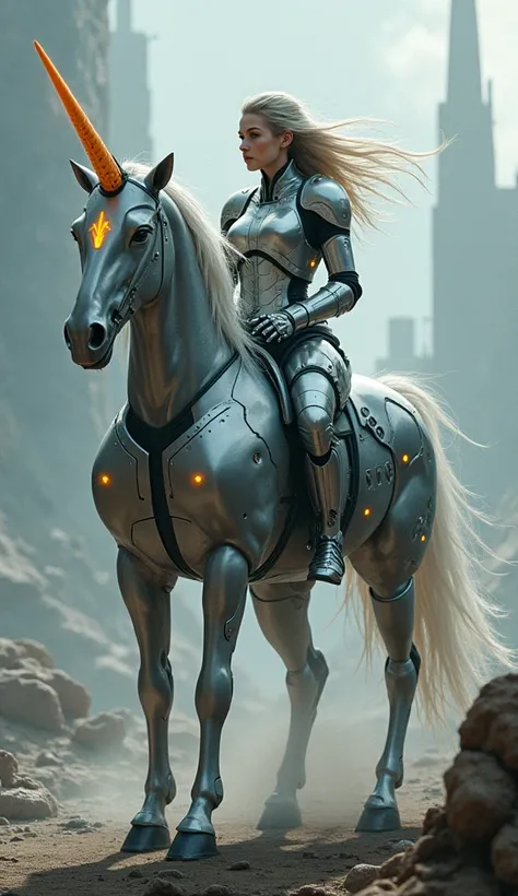 A female knight straddling a robot unicorn