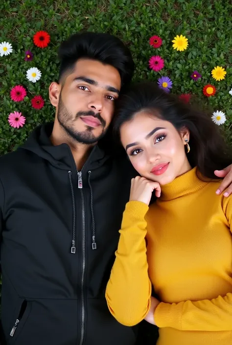 Make it professional. show a handsome arab man in black jacket and beautiful asian woman in yellow sweater laying on the ground. with green background which is grass There are small flowers in red, white, yellow, pink, purple, and the boys arm around the g...