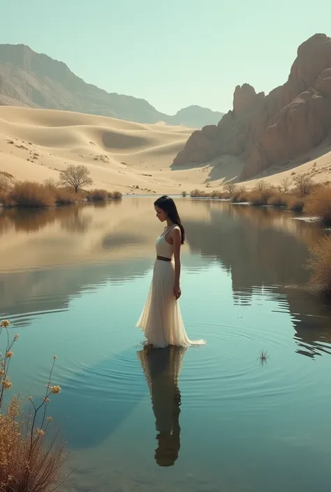 Realistic picture bird view of  a woman  standing in a lake in desert