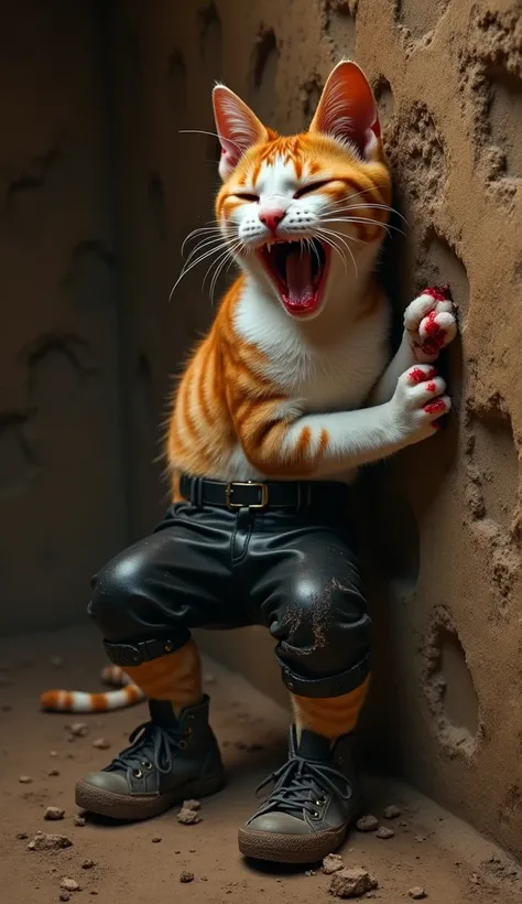 4d, ultra realistic, future drawing style, perfect lighting, perfect sharpness and perfect brightness, ultra highly detailed, professional video shot, professional videography, 8k render, a white and orange striped cat teenager wearing black lather trouser...