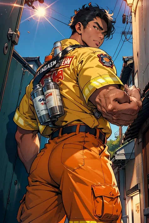 (1boy), ((showing off huge butt)), 25 year-old boy, cute baby face, orgasm, bulky body, ((close-cropped black hair)), big ass, huge butt, (masterpiece), (best quality), (((perfect anatomically))), ((high detailed)), (((firefighter))), (clothed firefighter ...