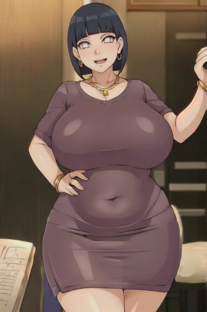 Hinata hyuuga,Big breast,Cleavage,Gold chain necklace,Gold hoopa bracelet,((Gold bar earring)),Long nail,Skindentation,((Wedding ring)),ear visible,SHORT SLEEVE thin black dress,Solo,1girl,Detailed hand,Standing,((Body facing front)),Visible nape,Glossy li...