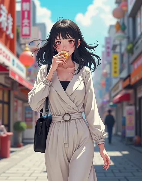 Malaysian woman in her 30s, medium-long black hair, wearing a long-sleeved winter white dress, eating Dunfrew while walking around Anime Harajuku, high resolution, carrying a black handbag