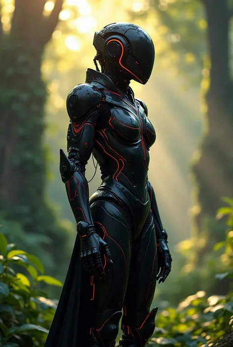 Anime future humanoid black knight, red marks, side view, forest background