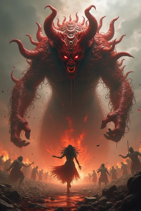 A hindu god devil raktabeej filled with immerse horryfying avatar and red eyes in a battelground fighting with hindu goddess durga 