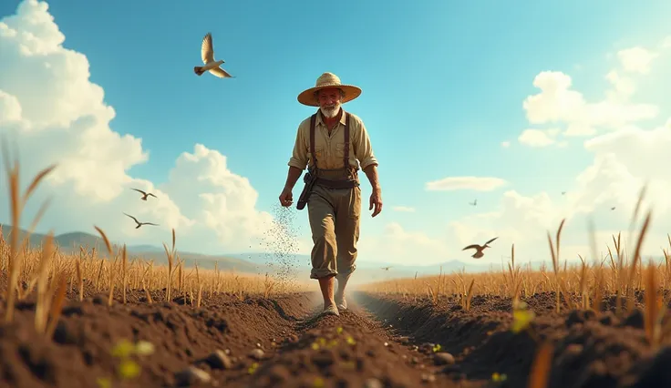 The farmer sowing seeds in a large, fertile field. His face reflects determination and hope. Birds can be seen flying in the background under a clear sky.
