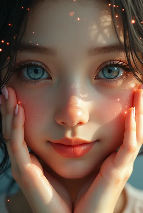 A close-up of diverse human features, such as eyes, hands, and smiles, all glowing with a soft light, symbolizing uniqueness and divine precision."
