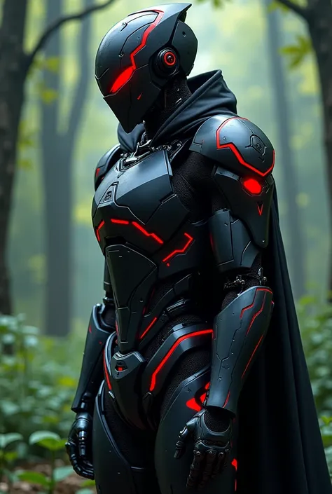 Anime future humanoid black knight, red marks, side view, forest background, man, red eyes