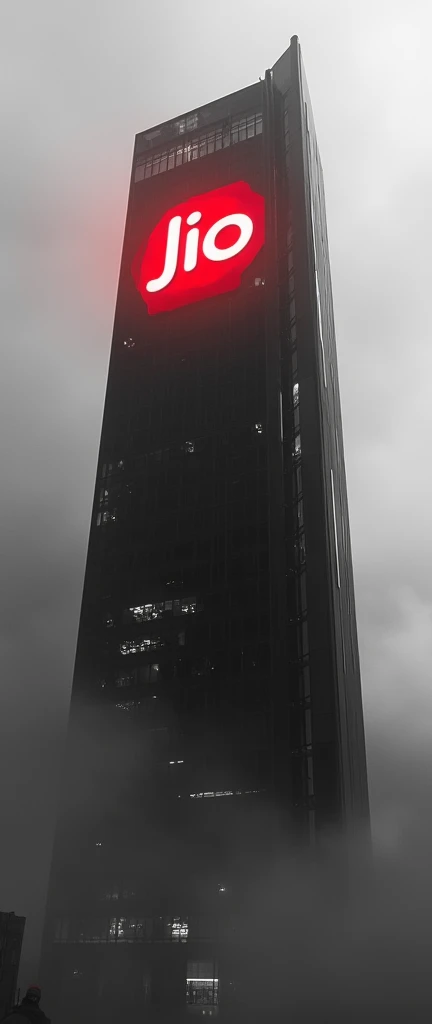 "Create a striking image of a towering, modern high-rise building in black and white. The buildings architecture is sleek and bold, with sharp lines and dramatic contrasts. At the center of attention is a glowing red logo that reads Jio, positioned promine...