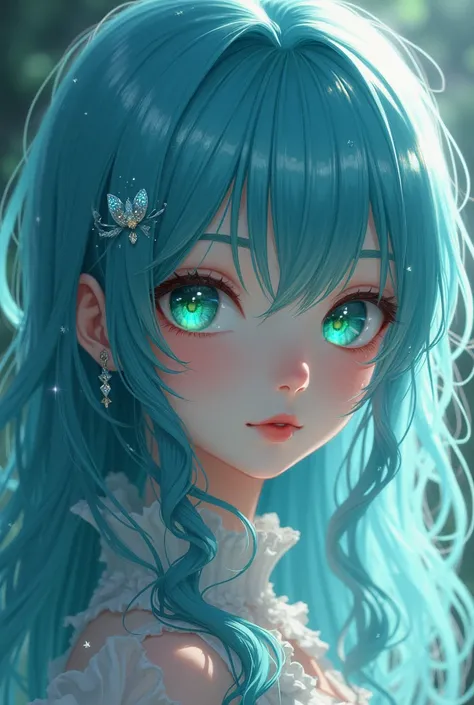 Anima girl beautiful matalic blue hair emrald eyes 