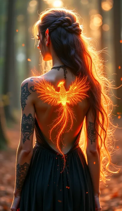 a watercolor art, fantasy art, of a tattoo on the back of a female elf, a glowing tattoo of a ((phoenix: 1.3)) on the elfs back, the ((phoenix tattoo)) is vivid, intricate detailed coming to life from the ink to real life, ((fire surrounds the phoenix: 1.5...