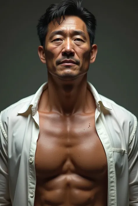 Muscular 50 years old sweaty Asian men wearing unbiottoned open white Oxford shirt with sweaty pecs