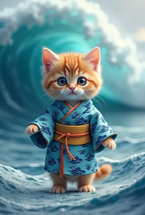  cute kitten、 standing like a human、 facing the front 、 wearing a kimono with a blue sea wave pattern、The background is a realistic wave pattern 、 kittens smaller than the background 