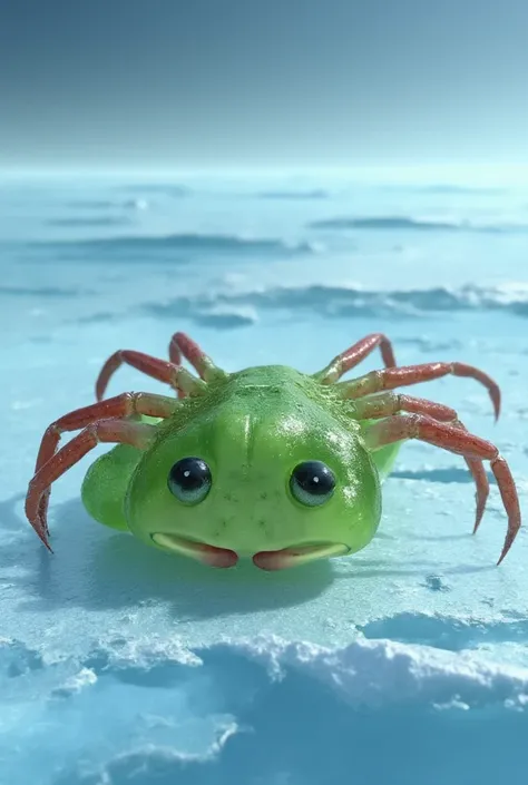 
"Create a realistic scene featuring a glass frog and a Japanese spider crab positioned near each other on a frozen ice surface. The glass frog should be depicted in incredible detail, with its translucent skin allowing a view of its internal organs, delic...