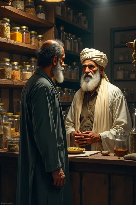 A worried man (a Pathan) talking to a wise, elderly doctor in a traditional, rustic medical shop. The man looks anxious, while the doctor is calm and thoughtful, surrounded by shelves filled with jars of herbal medicines. The setting is old-fashioned and c...