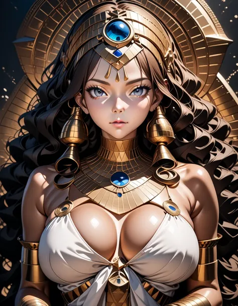 1girl, Egyptian goddess, white dress, long curly brown hair, bangs, jewelry in hair, gold bracelets (masterpiece :1.2), (best quality :1.2), (very aesthetic :1.2), (absurdres :1.2), (dark background),newest, perfect anatomy, ai-generated, intricate details...