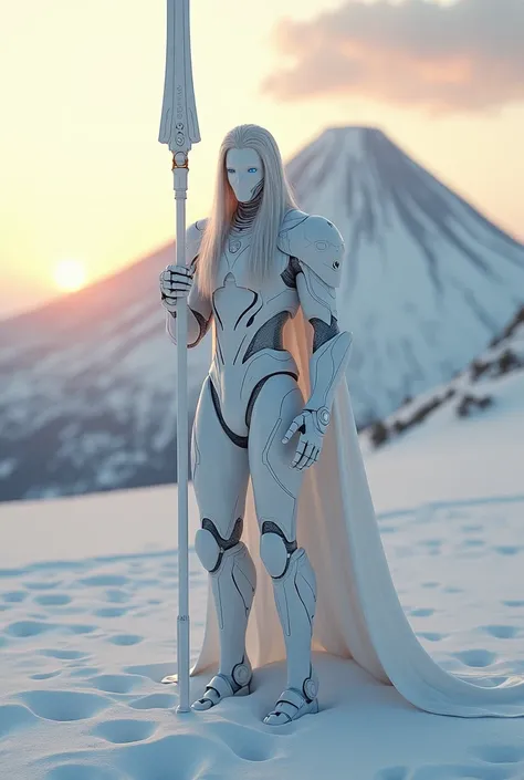 a man with long straight white hair, blue eyes, minimalist and very advanced robotic body,empuñando una lanza extra grande blanca,white color, in a snowy landscape environment and a volcano in the background, at sunset, 8K, hyperrealism, masterpiece