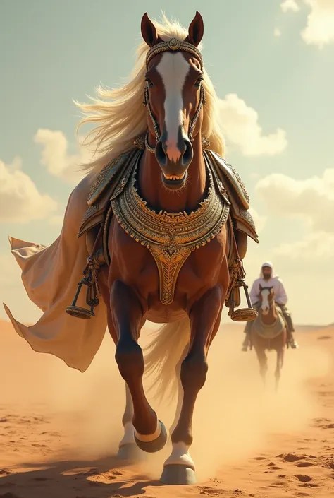 Fusion of Prince of saudi Arabia and huge Giant Angry Horse,, Face of a Horse and masculine body of a prince of saudi he wear a armour walking toward camera  on two leg front veiw between the parade , saudi desert