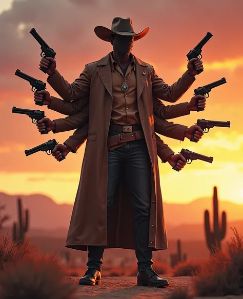 a cowboy but he has 6 arms and each hand he has a pistol, the cowboys skin is cactus, the cowboy has a blank face with no eyes or nose he only has a mouth, masterpiece, epic, intense, sunset in the background, pastels, clint eastwood style, silver dollars ...