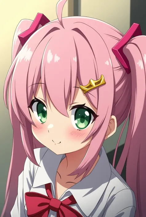 small crown-shaped hair pin,Light pink long low twin tail, straight hair, sharp eyes, 2D animation, 2D illustration, green eyes, pink serabok, half side, high angle, silly hair, tsundere