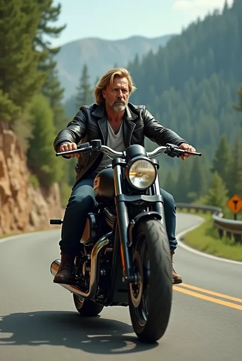 50 year old handsome man blonde hair beard on motorcycle 
