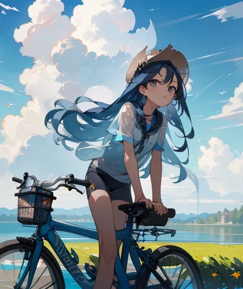 ((masterpiece,  best quality)),Congo Lightweight Lake ,owl， long hair, blue sky, Cumulonimbus, Outdoor, viewers who can see through their bust, Bike Ride