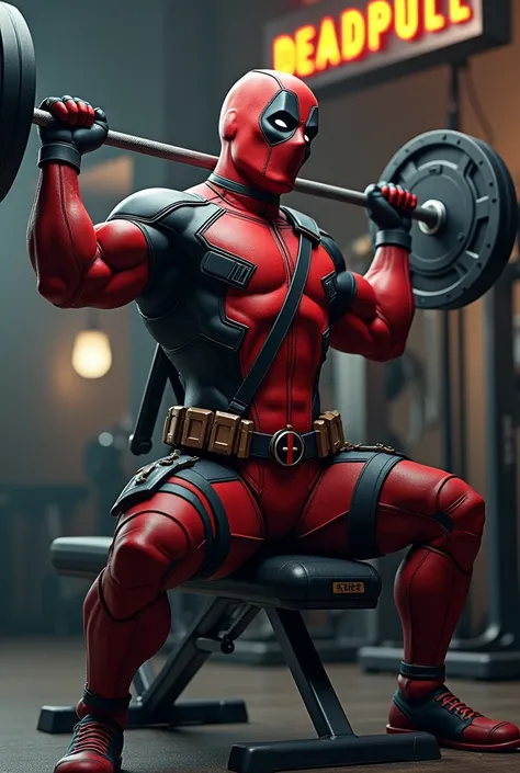 Deadpool at the gym on curl bench carrying weights with Deadpull sign 