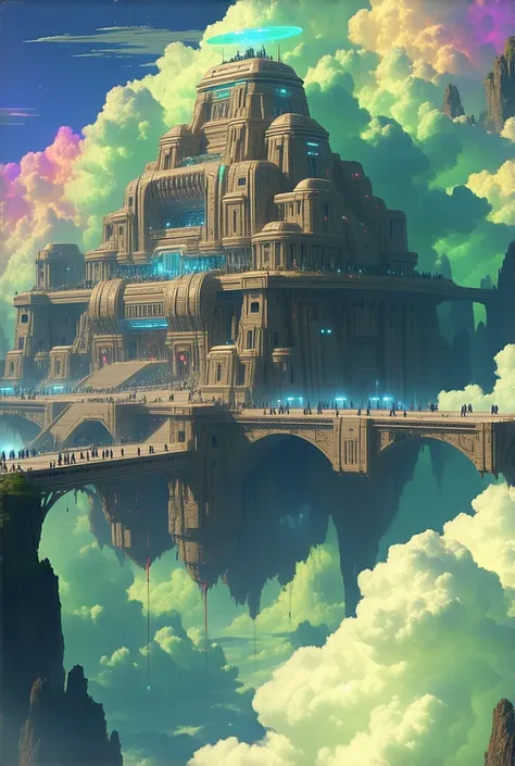 An ancient floating city in the sky,surrounded by vibrant clouds,with intricate architecture and lush greenery.Numerous robot soldiers patrolling the city,showcasing advanced technology and glowing features,in a dramatic and mystical atmosphere.