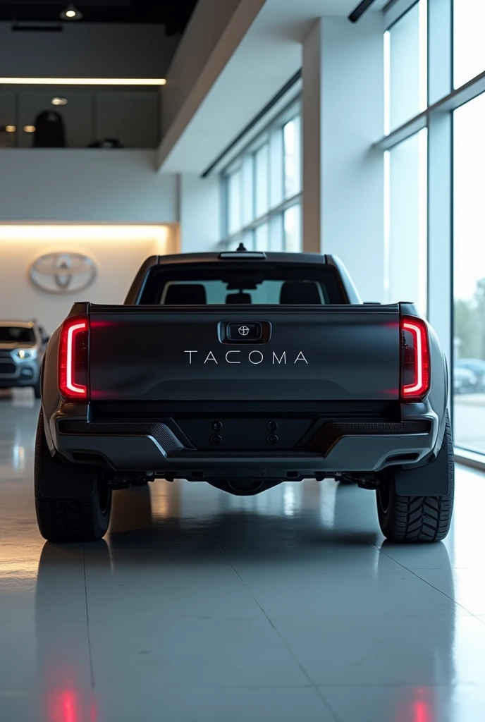 Generate an image of a sleek, black exterior aerodynamic view of electric truck with a futuristic design. The rear view should showcase:
>  * A low, aerodynamic profile
>  * Slim, horizontal LED taillights extending across the rear
>  * A prominent diffuse...