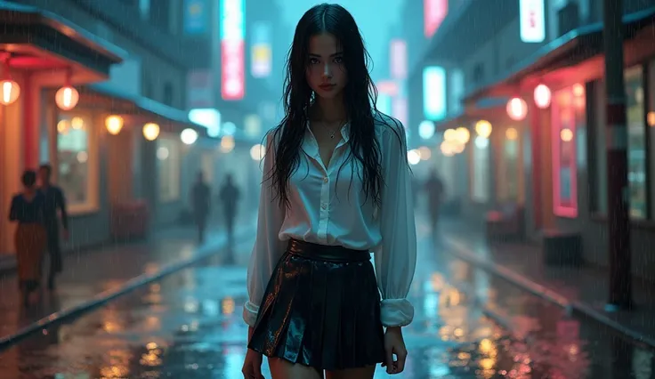 (masterpiece), Highest quality, L1, young woman, Beautiful office lady, Very wet, (hair wet, face wet, cloths wet0),  soaked from heavy rain, Long black hair, Straight hair, White blouse, Dark Skirt, Serious expression, walking in the rain, Street backgrou...