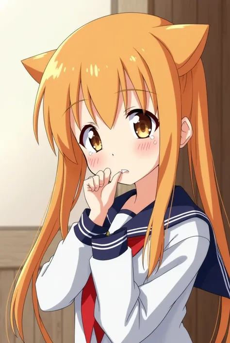 Blonde,  2D animation , 2d illustration,  Japanese animation, Japanese characters, Hime cut,  Half Twin Tails ,  orange hair for sex,  Inside the Wall ,  big eyes that tear, female, long eyelashes,  Under the Lashes , Im looking at the audience with round ...